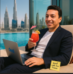 A satirical depiction of Deel CEO chilling by a pool in Dubai